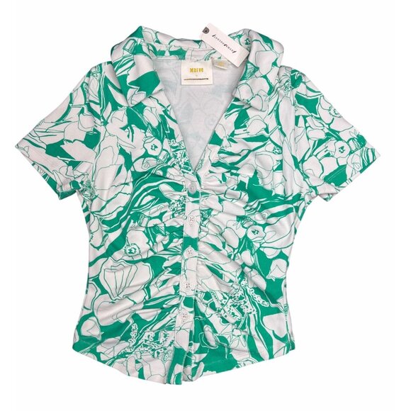 Anthropologie Maeve Ruched Floral Blouse Short Sleeve Womens Top X-Small - Picture 7 of 15
